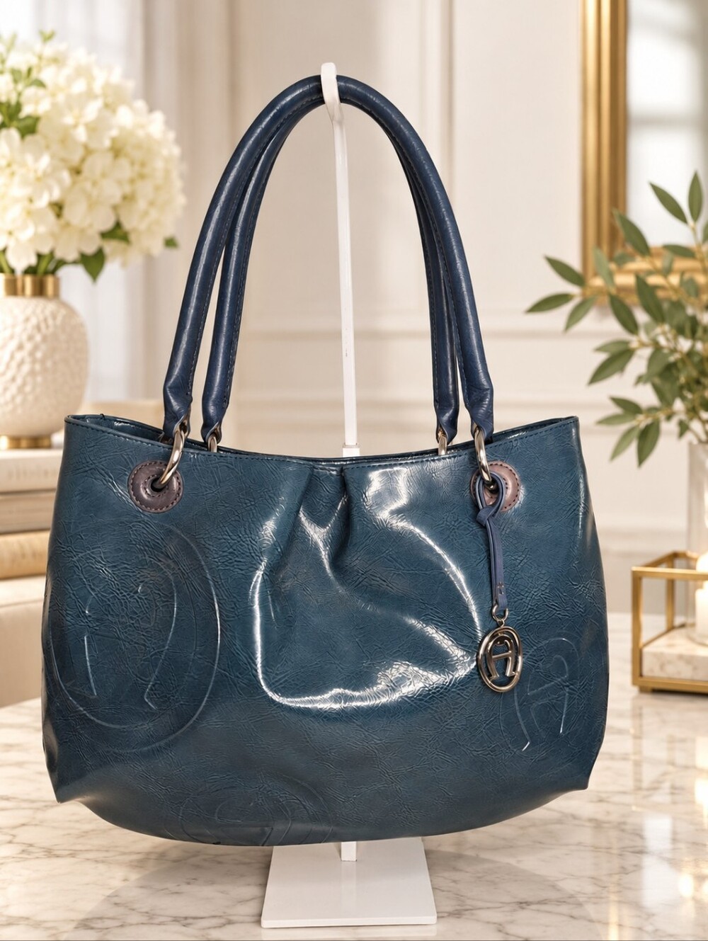 Etienne Aigner Teal Glossy Embossed Shoulder Tote Bag EUC Like New